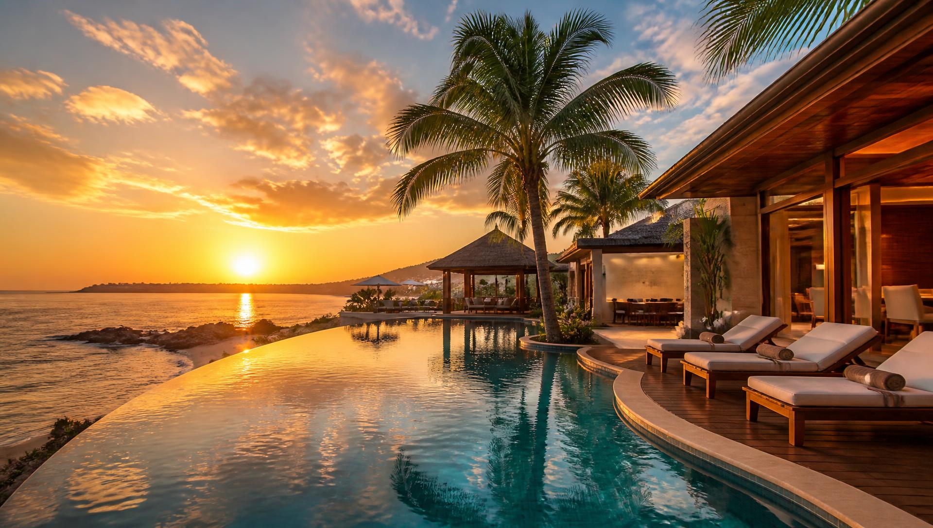 Piscina de borda infinita do Aurora Japaratinga Resort ao pôr do sol